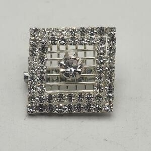 Silver Tone Square Clear Rhinestone Brooch Pin Art Deco Geometric Style 1 Inch